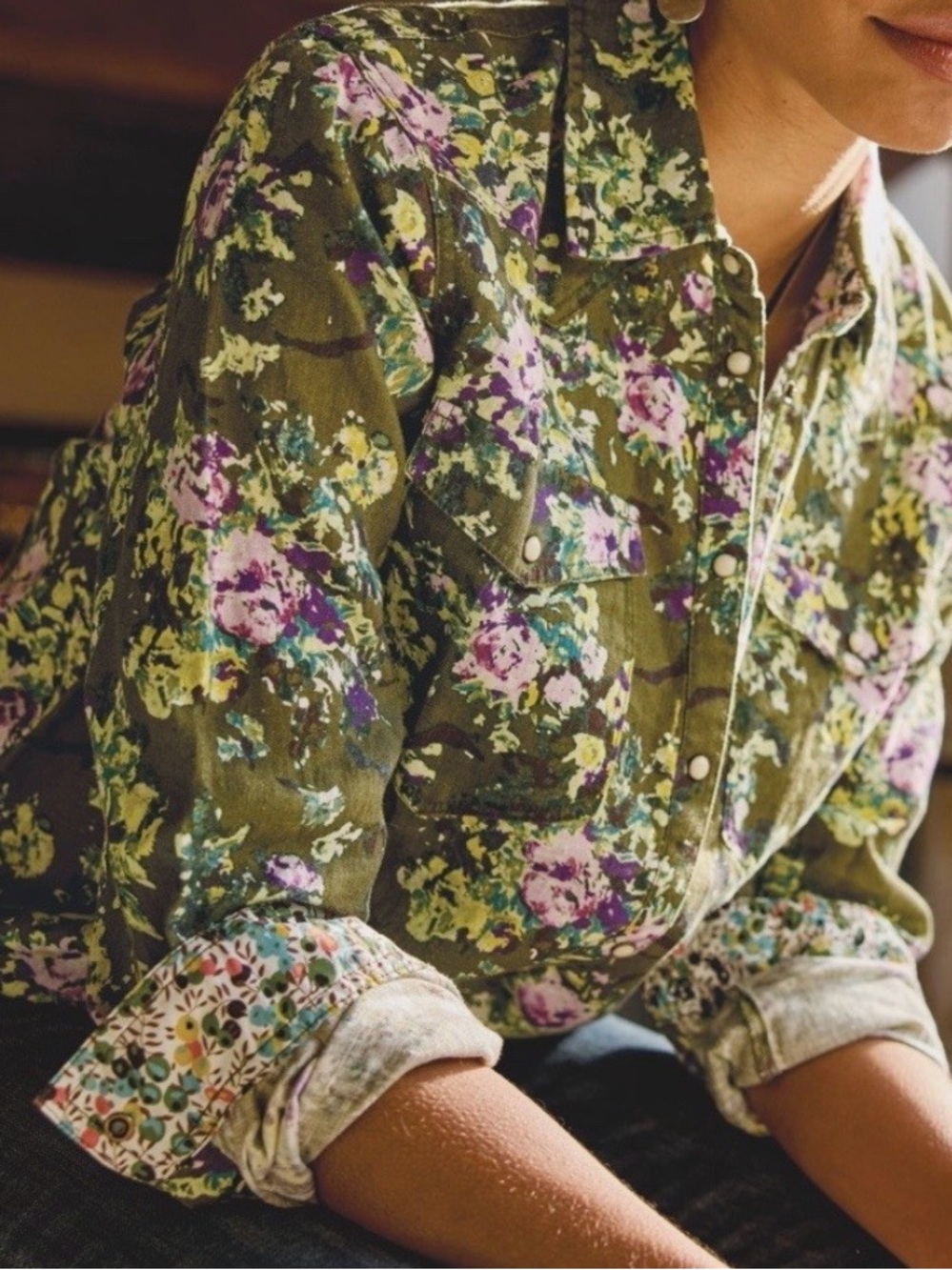 Floral Olive Button-Front Button-Down